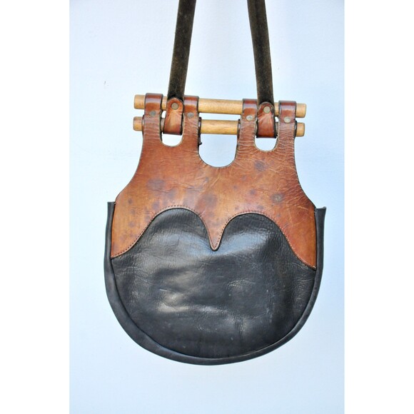 70s 2 Tones Brown & Black Leather Shoulder Bag Original Boho Gypsy Woodstock - Picture 6 of 10